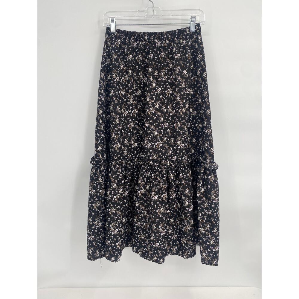 Shein Black Floral Ruffle Maxi Skirt Elastic Waist Womens Small